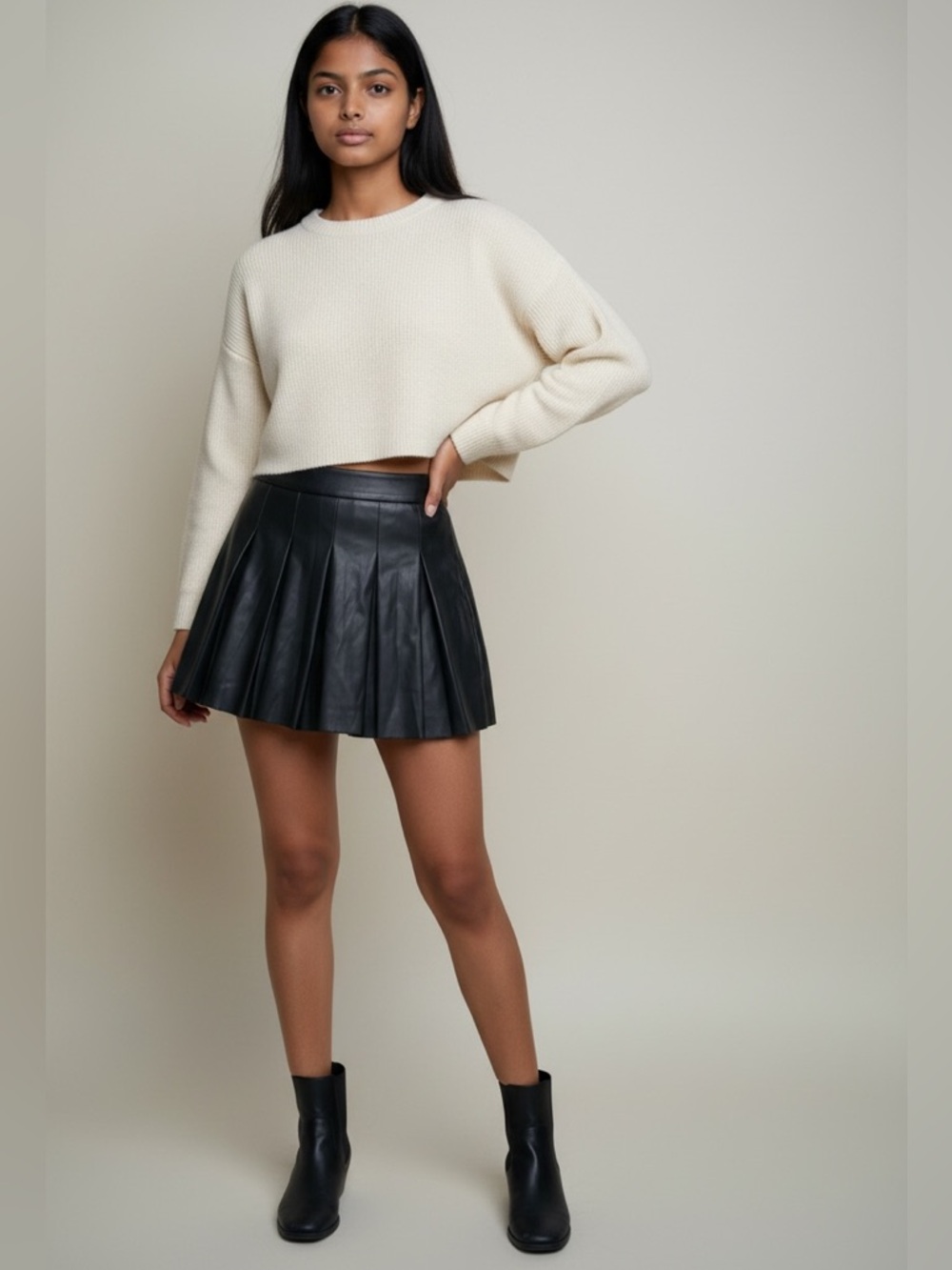 Stella Luce Black Pleated Faux Leather Skater Skirt